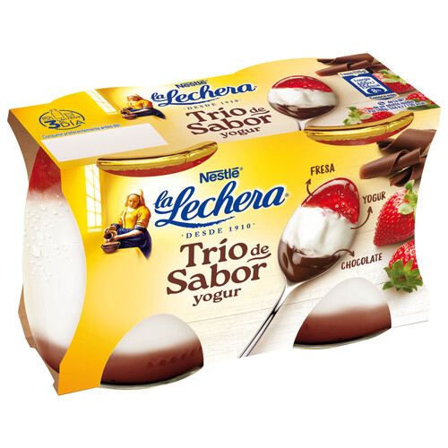 LA LECHERA Yogur natural con fresa y chocolate LA LECHERA Trio de sabor 2 x 120 g.