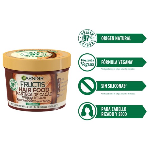 FRUCTIS Hair food de Garnier Mascarilla extra nutritiva con manteca de cacao, para cabello rizado, seco 390 ml.