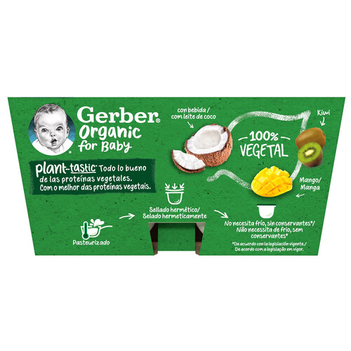 GERBER Postre 100% vegetal infantil con bebida de coco, mango y kiwi ecológicos, a partir de 6 meses GERBER Organic 4 x 90 g.