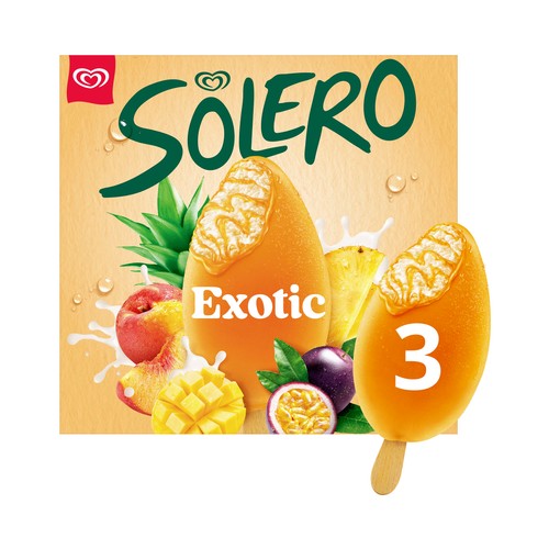 SOLERO Helado de vainilla cubierto de sorbete de frutas exóticas 3 x 90 ml.