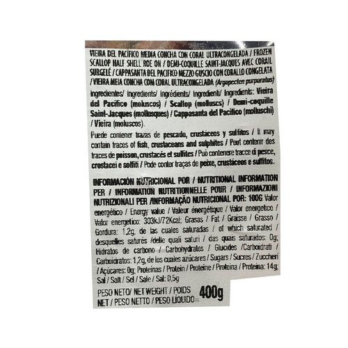 ALIGATOR Vieiras (8 / 12 piezas) del pacífico 1/2 concha, ultracongelada 400 g.