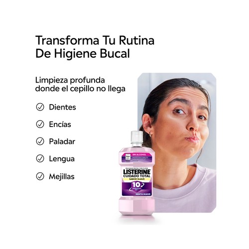 LISTERINE Cuidado total Enjuague bucal de uso diario y sabor menta suave 500 ml.
