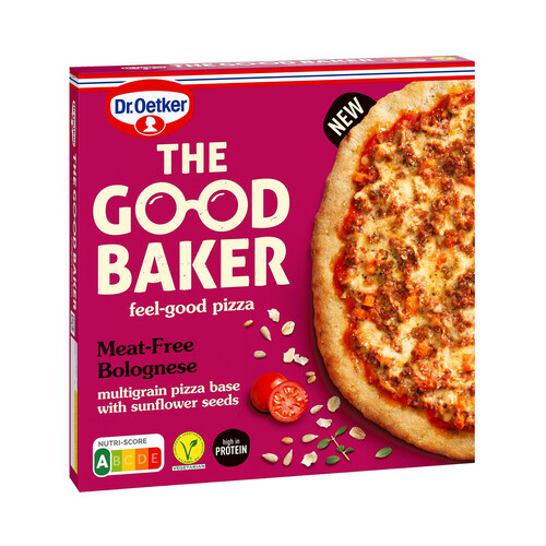 DR. OETKER Pizza con salsa boloñesa sin carne a base de proteína de guisante, zanahoria y queso The good baker 355 g.