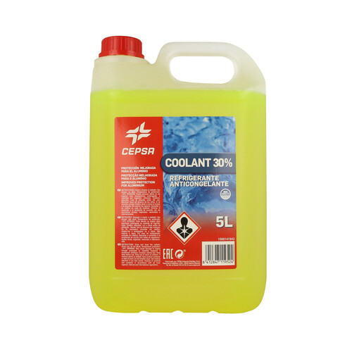Líquido refrigerante con temperatura de protección de hasta -18ºC, 5L amarillo orgánico, 30% Monoetilenglicol, CEPSA.