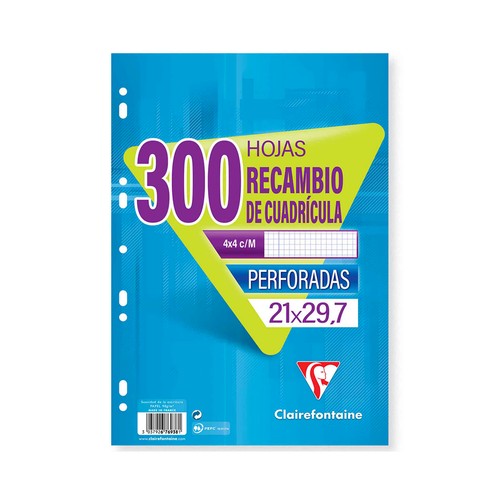 Recambio de 300 hojas cuadriculadas y perforadas, CLAIREFONTAINE.