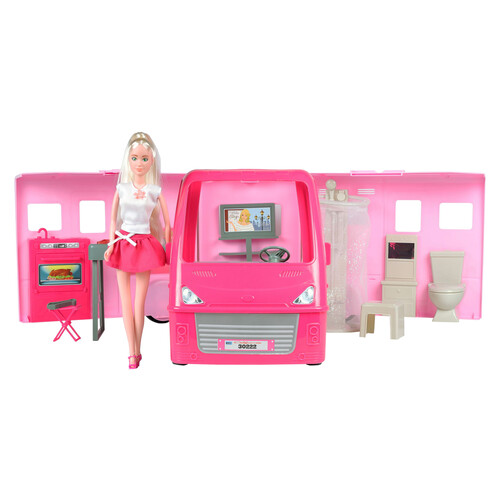 Caravana de vacaciones color rosa con muñeca, ONE TWO FUN ALCAMPO.