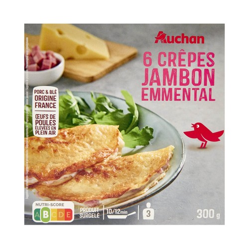 AUCHAN Crepes rellenos de jamón cocido y queso Emmental 6 uds Producto Alcampo.