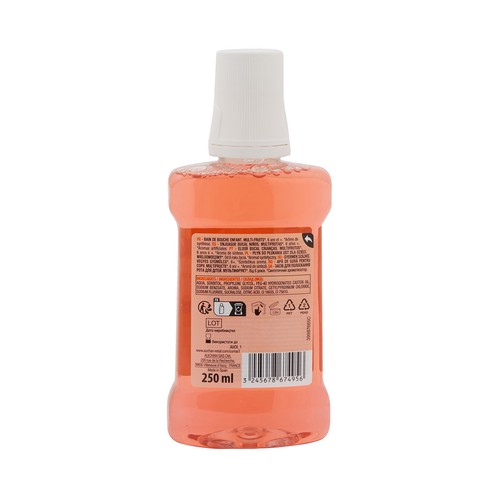 PRODUCTO ALCAMPO Enjuague bucal infantil (a paritr de 6 años) de uso diario y con sabor a multi-frutas 250 ml.