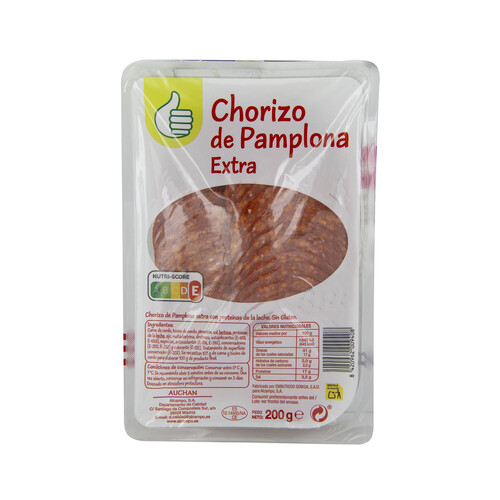 Chorizo de Pamplona extra, elaborado sin gluten y cortado en lonchas PRODUCTO ECONÓMICO ALCAMPO 200 g.