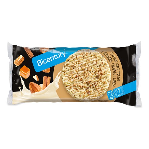 Tortitas de arroz con chocolate blanco y trocitos de almendra, caramelo y canela 4x2 BICENTURY 138 g.
