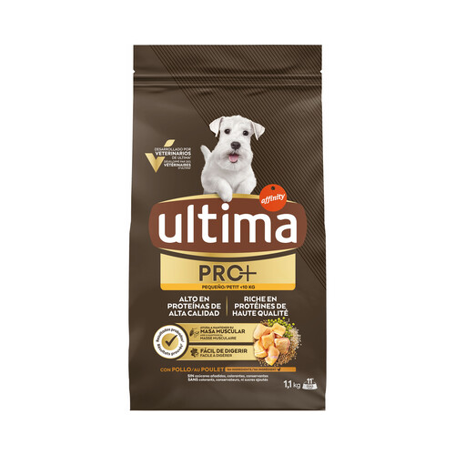 ULTIMA Pro + Alimentación para perros pequeños 10 kg, con pollo y alto en proteínas y sin azúcares añadidos, 1,1 kg. 