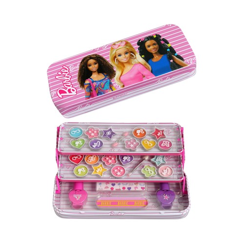 BARBIE Estuche metálico de maquillaje infantil.