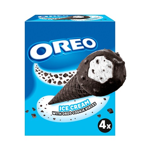 OREO Cono de helado de vainilla con trozos y recubrimientos de galletas al cacao 4 x 100 ml.