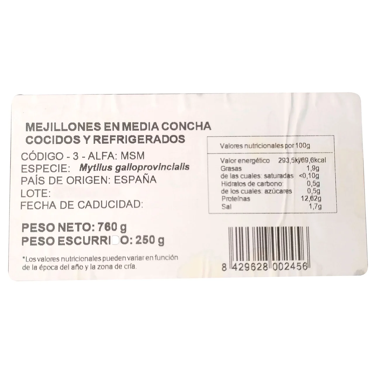 Mejillones cocidos en media concha 250 g.