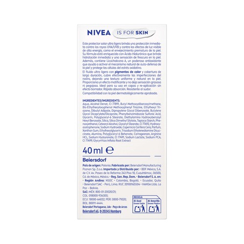 NIVEA Sun Fluido protector facial diario, tono claro con FPS 50+ (muy alto) 40 ml.