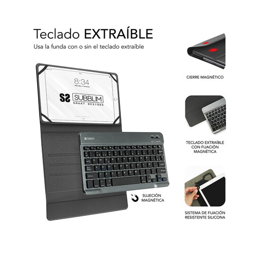 Funda para tablet 10,1 con teclado SUBBLIM Keytab Pro, conexión Bluetooth, función soporte, cierre magnético.