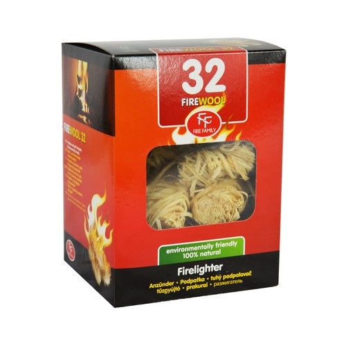 Caja de 32 rollos de lana de madera de encendido, FIRE FAMILY.