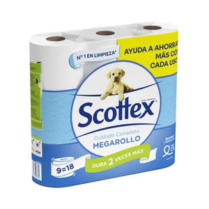 SCOTTEX Megarollo Papel higiénico que dura 2 veces más 9 rollos.