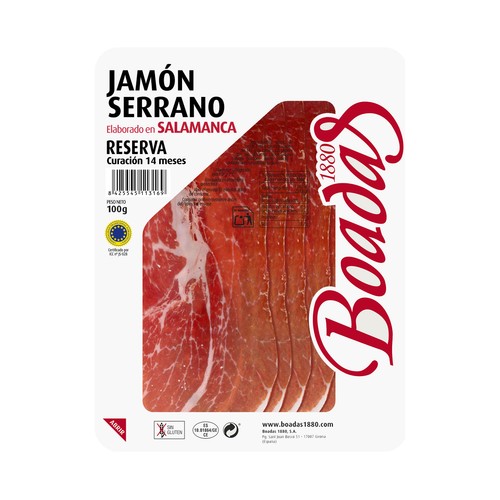 BOADAS Jamón curado reserva (curación de 14 meses), cortado en cómodas lonchas BOADAS 100 g.
