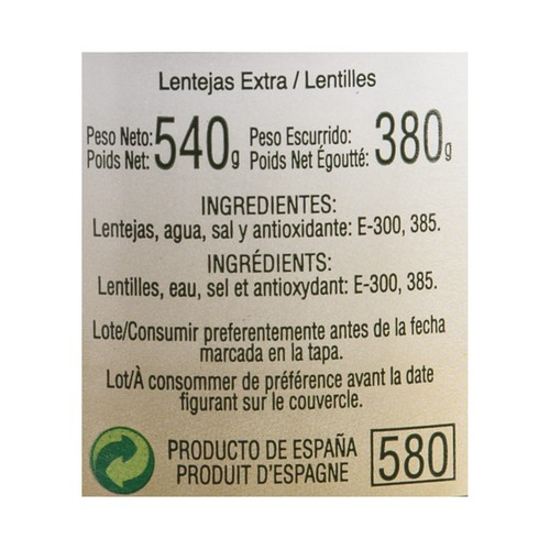 MARZO Lenteja cocida extra frasco de 400 g.