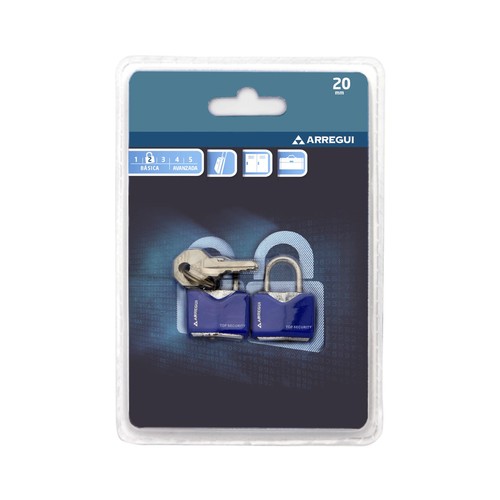 2 candados de latón de 20mm., arco corto y nivel de seguridad básico ARREGUI.