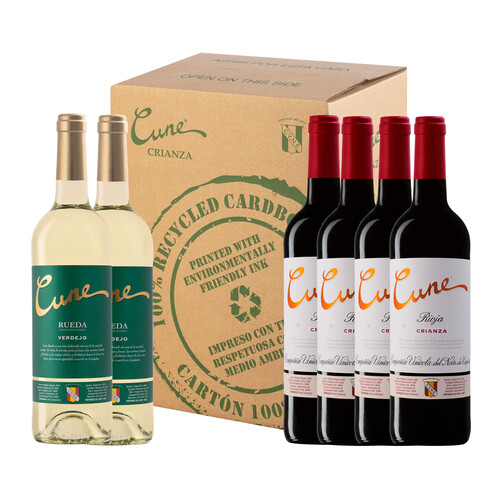 CUNE  Caja con 4 botellas de vino tinto crianza con D.O. Ca. Rioja y 2 botelas de vino blancp D.O. Rueda CUNE.