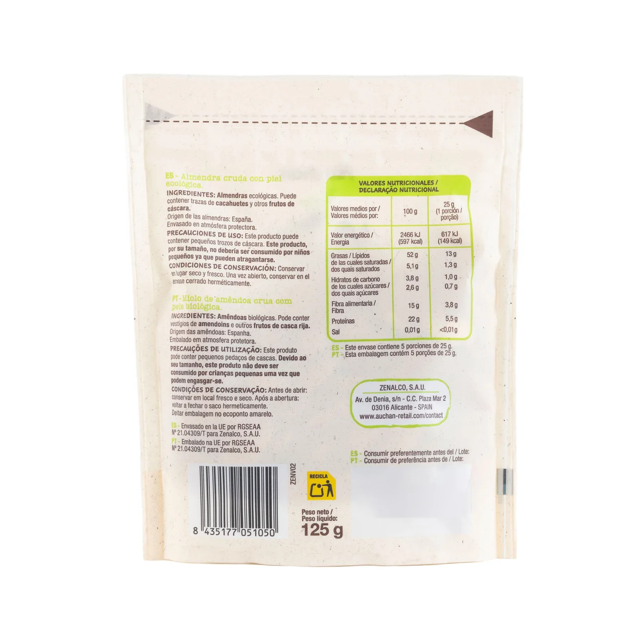 PRODUCTO ALCAMPO Bio Almendras crudas con piel ecológicas 125 g.