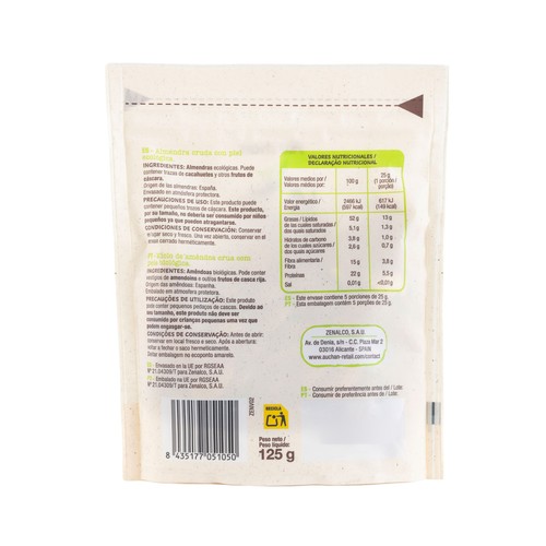 PRODUCTO ALCAMPO Bio Almendras crudas con piel ecológicas 125 g.