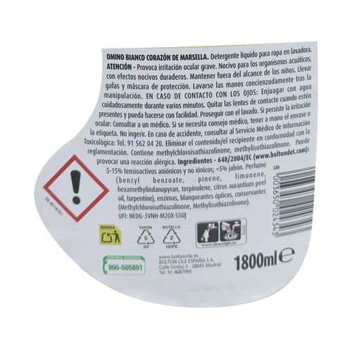 OMINO BIANCO Detergente líquido concentrado con jabón de origen natural y aroma a jabón de Marsella 45 ds 1800ml.