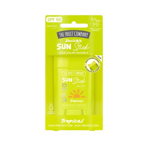 THE FRUIT COMPANY Protector solar en stick con FPS 50 (muy alto), resistente al agua y con aroma tropical.
