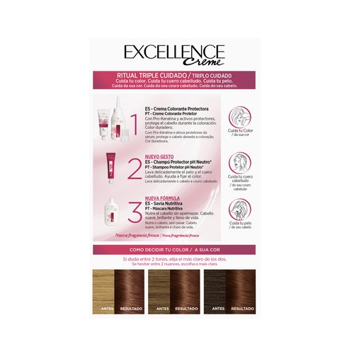 Tinte de pelo permanente tono 4.54 Caoba cobrizo L´ORÉAL PARIS Excellence creme.