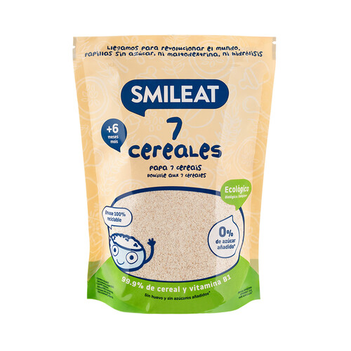 SMILEAT Papilla en polvo con 7 cereales ecológicos, sin azúcares añadidos, a partir de 6 meses 200 g.