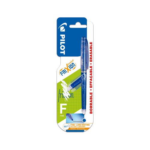 Bolígrafo punta de aguja y grosor de 0.5mm con tinta líquida borrable azul PILOT frixion point.
