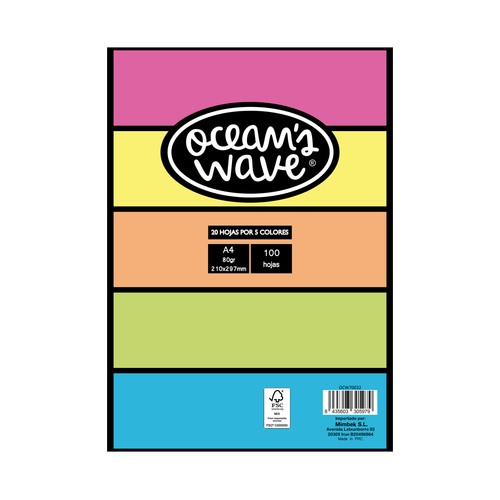 Folios de 5 colores flúor Din A4 80g, 100 hojas (20 hojas por color) OCEAN"S WAVE.