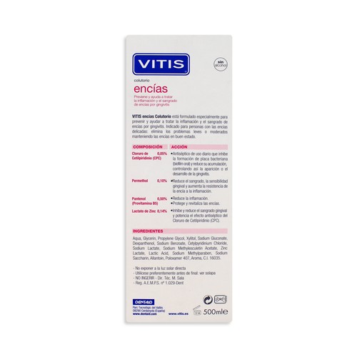 VITIS Enjuague bucal sin alcohol especial para tratar la inflamación y el sangrado de encías VITIS 500 ml.