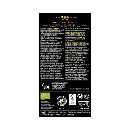 L'OR Café Espresso en cápsulas, intensidad ecológico L´OR ESPRESSO 10 uds. 52 g.