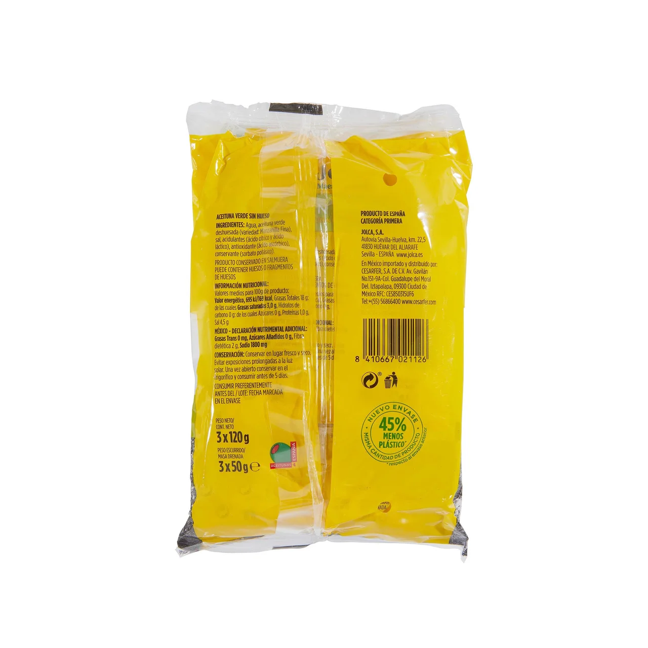 Aceitunas verdes manzanilla fina sin hueso bolsa de 3 uds x 50 g.