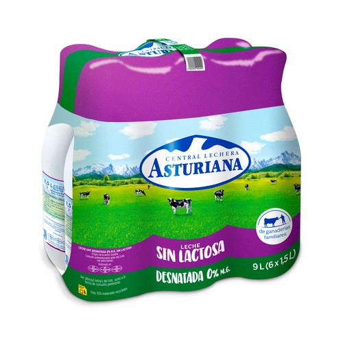 Leche de vaca desnatada (0% materia grasa), sin lactosa CENTRAL LECHERA ASTURIANA 6 x 1.5 l.