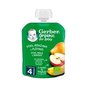 GERBER Bolsita de frutas (pera, manzana y plátano), a paritr de 4 meses GERBER Organic 90 g.