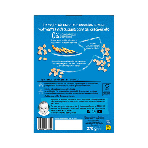 GERBER Papilla multicereales con cereales integrales (trigo, avena, cebada y maíz), a partir de 6 meses GERBER 270 g.