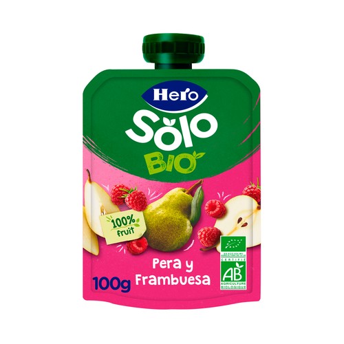 HERO Solo Bio Bolsita de pera y frambuesa ecológicas, a partir de 4 meses 100 g.