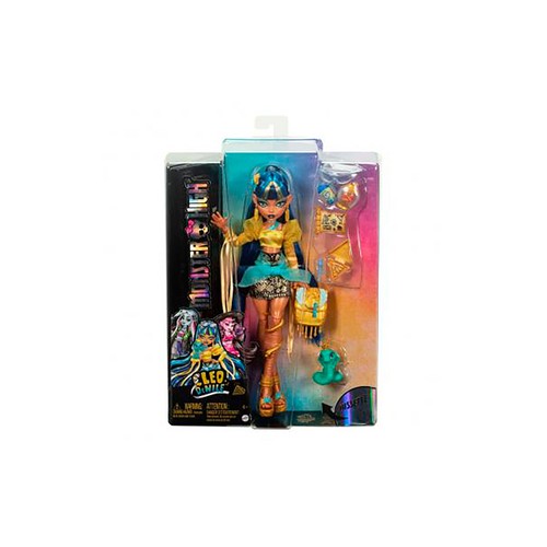 MONSTER HIGH Cleo de Nile Muñeca articulada con mascota y accesorios de moda, 25cm juguete +4 años