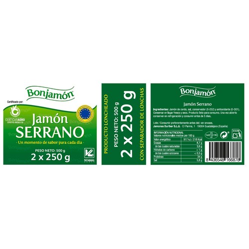 BONJAMÓN Jamón serrano cortado en lonchas con separador 2 x 250 g.