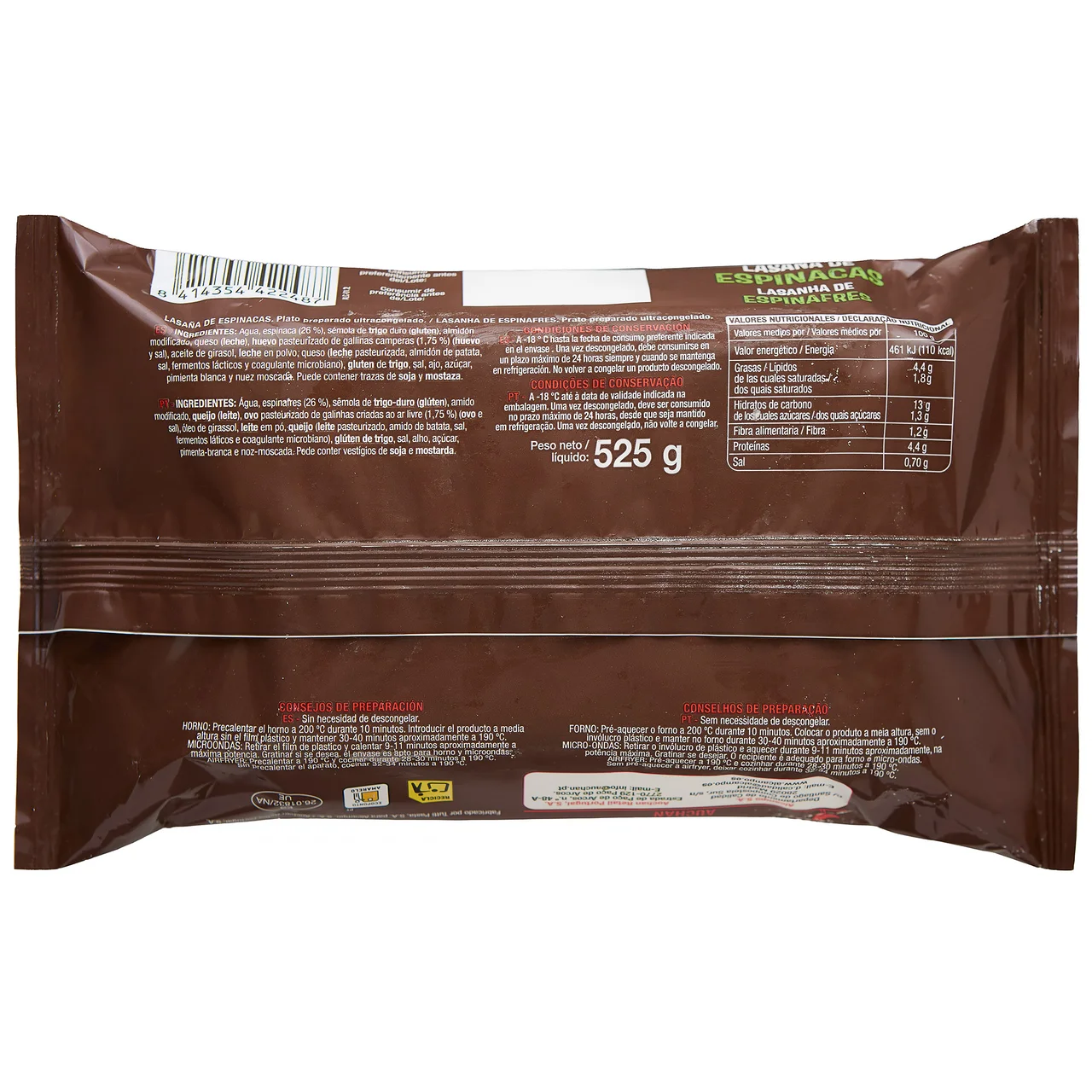 AUCHAN Lasaña ultracongelada, rellena de vegetales 525 g. Producto Alcampo