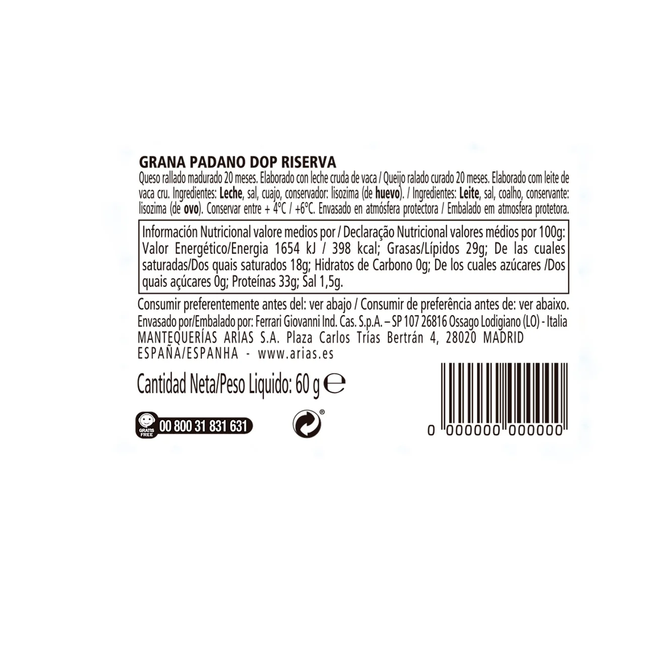 GIOVANNI FERRARI Queso rallado Grana Padano D.O.P Reserva GIOVANNI FERRARI 60 g.