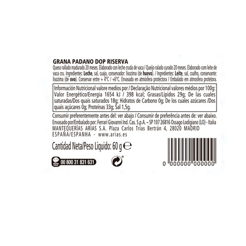 GIOVANNI FERRARI Queso rallado Grana Padano D.O.P Reserva GIOVANNI FERRARI 60 g.