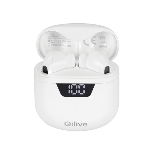 Auriculares Inalámbricos Bluetooth QILIVE Q.1342, color blanco, estuche cargador, 6h de autonomía, pantalla led indicadora de batería.