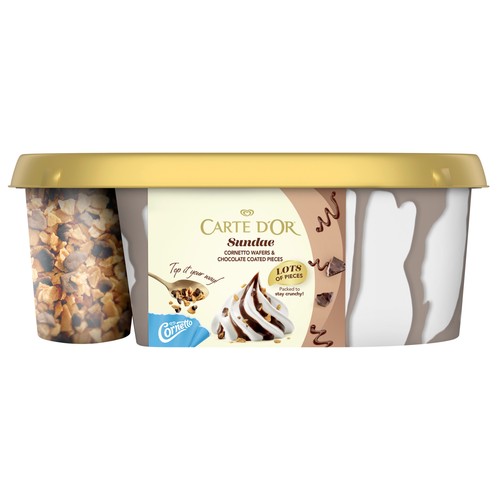CARTE D'OR Cornetto Tarrina de helado de vainilla con salsa de chocolate y trocitos de barquillo 750 ml.