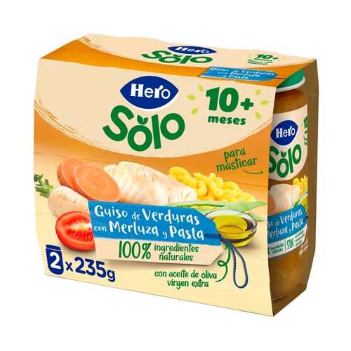 HERO Solo Tarritos de guiso de verduras con merluza y pasta (textura con trozitos), a partir de 10 meses 2 x 235 g.