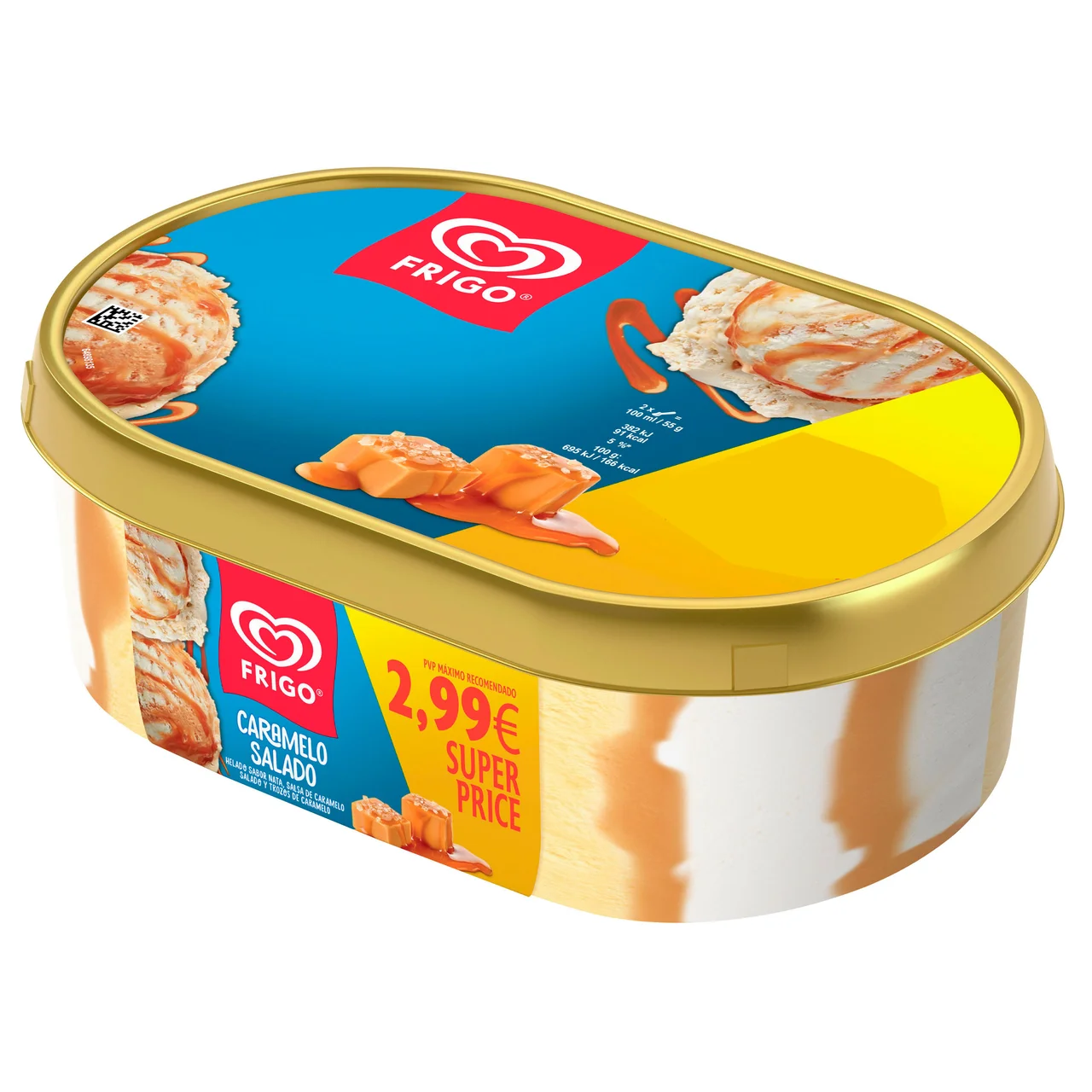Tarrina de helado de nata con salsa y trocitos de caramelo 900 ml.